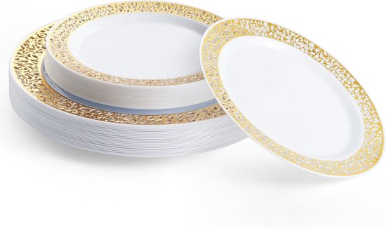 MATANA 25 Premium Witte Plastic Borden, Kunststof Feestbordjes met Gouden Rand (26cm) - Stevige en Herbruikbare Borden voor Feestjes, Bruiloften, Verjaardagen, Kerstmis