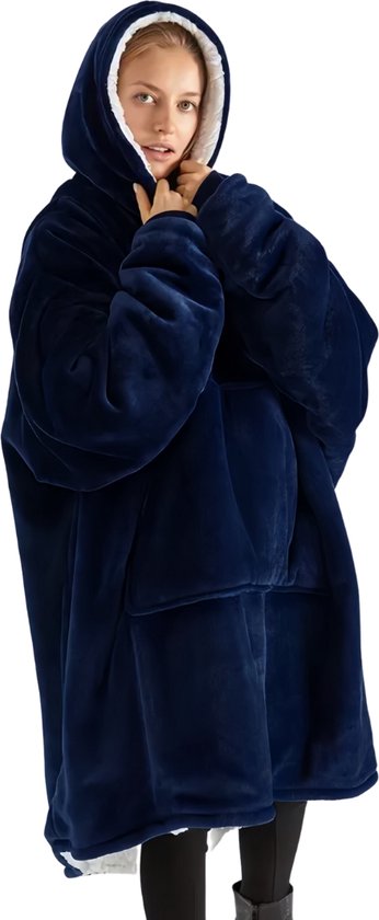 Bovista Knuffeldeken - Plaid - Onesie - Hoodie Deken Met Mouwen - Fleece Blanket - Dames - Heren - Kinderen - Extra Zacht - Marine Blauw