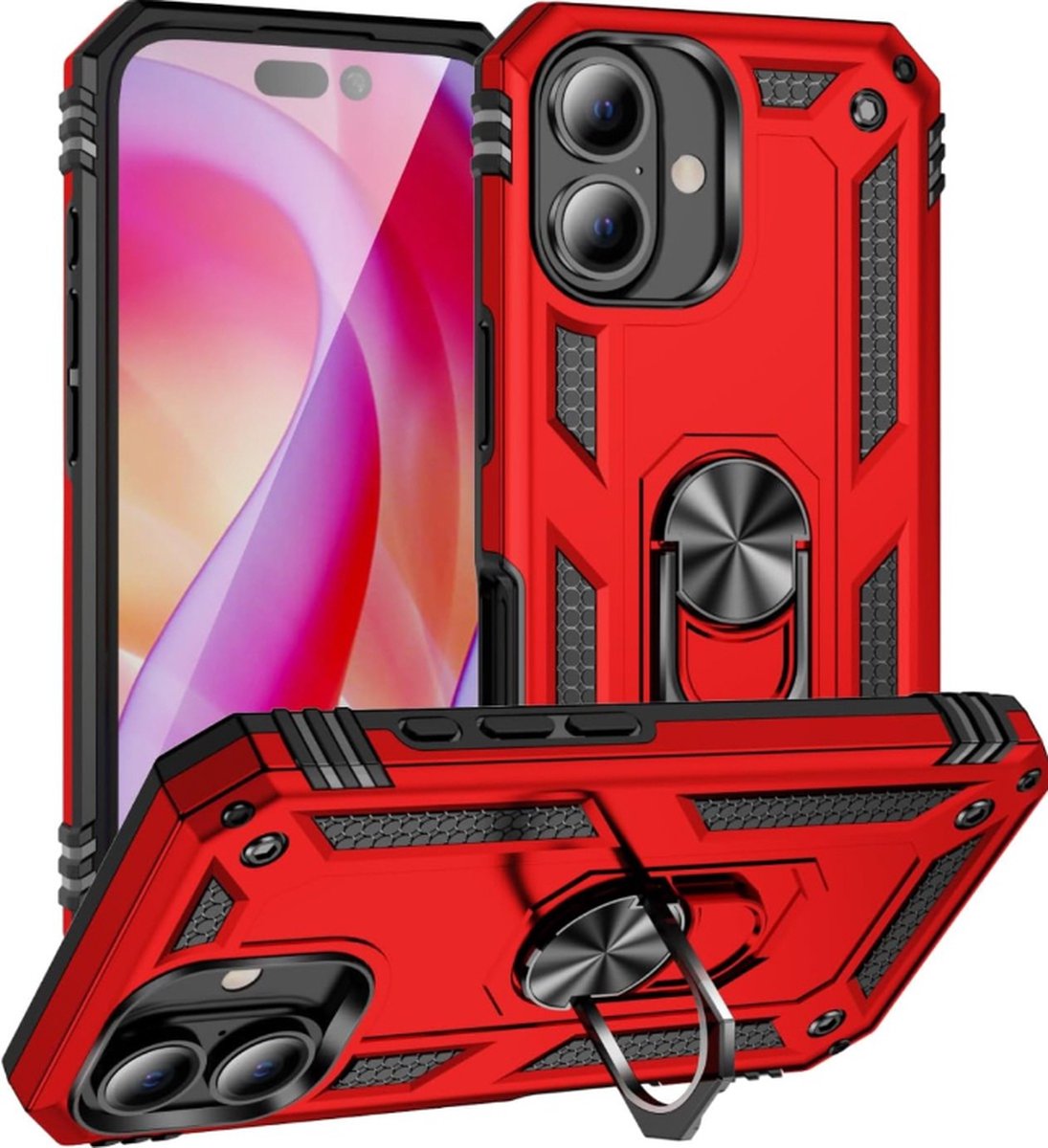 Cityhoesje – Armor Kickstand – Ring BackCover – iPhone 16 Plus – Rood