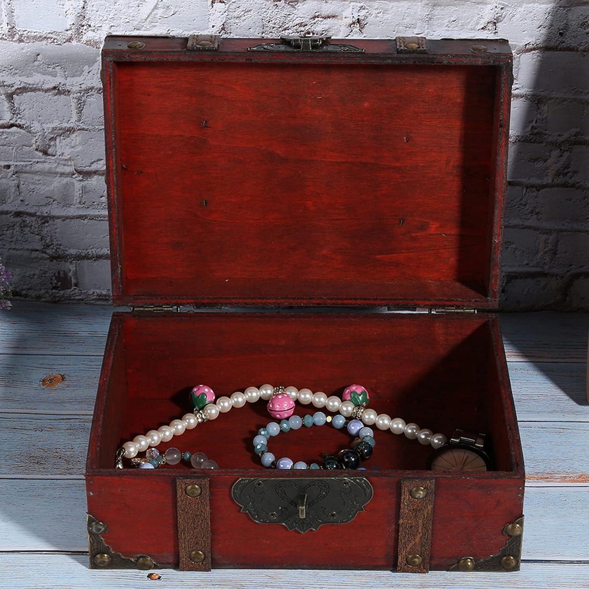 Houten Kist met Slot, Kleine Vintage Decoratieve Opbergdoos Sieraden Houten Kist, Vergrendelbare Houten Aandenken en Opbergdoos voor Woondecoratie Compartiment