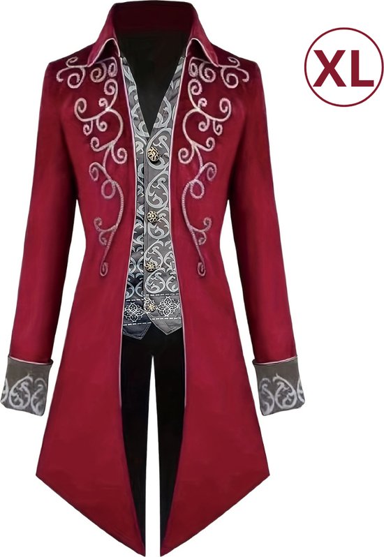 Veste longue rouge pour homme ornée de broderies sur le col et les poignets, avec un gilet gris.