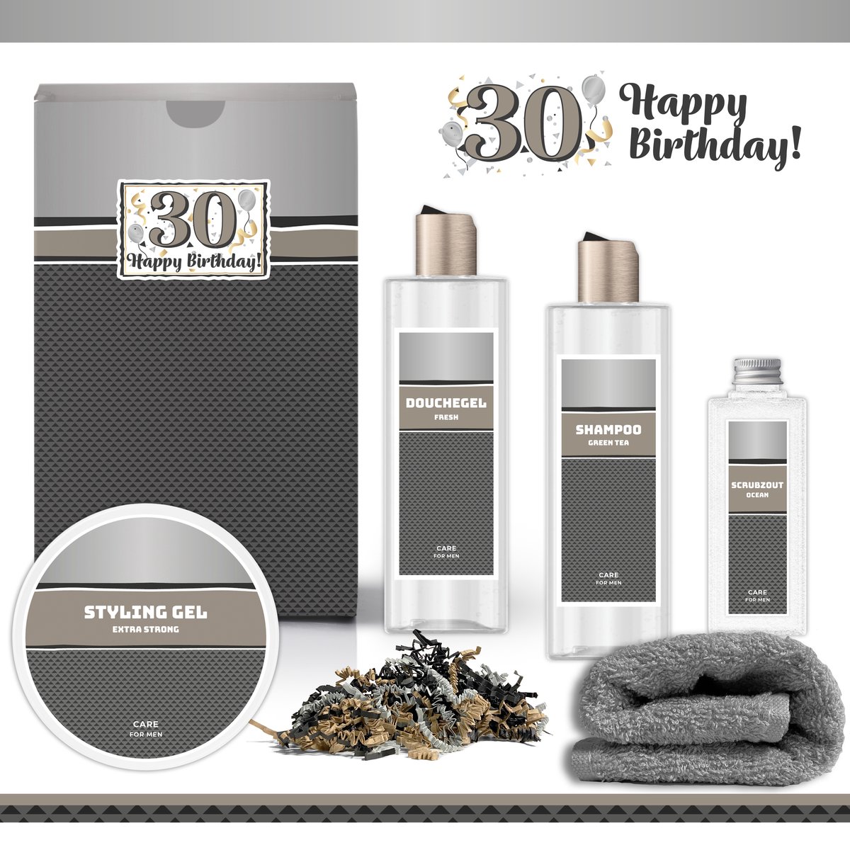 Goedkoopste Geschenkset “30 Jaar Happy Birthday!” - 5 producten - 900 gram | Giftset voor hem - Luxe wellness cadeaubox - Cadeau man - Gefeliciteerd - Set Verjaardag - Geschenk jarige - Cadeaupakket vader - Vriend - Broer - Verjaardagscadeau - Zilver