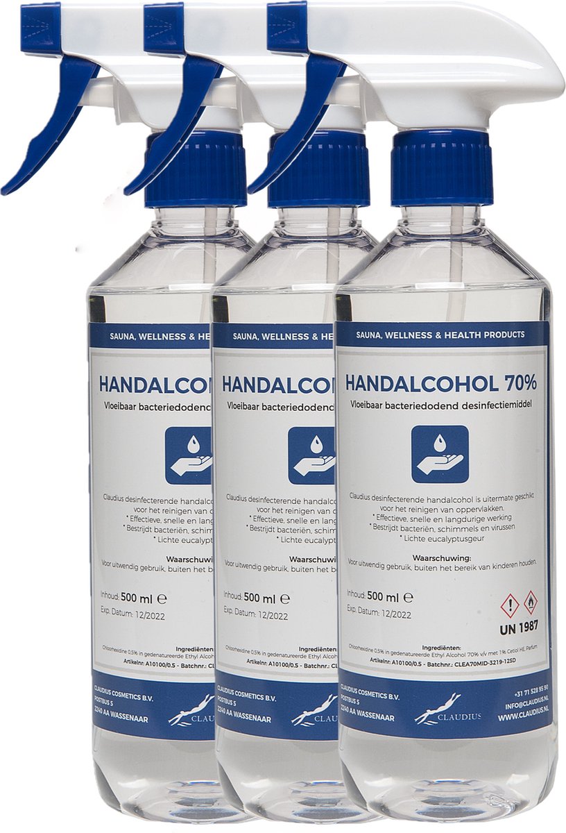 Goedkoopste Handalcohol spray 70 - 500 ml met spraykop - set van 3 stuks