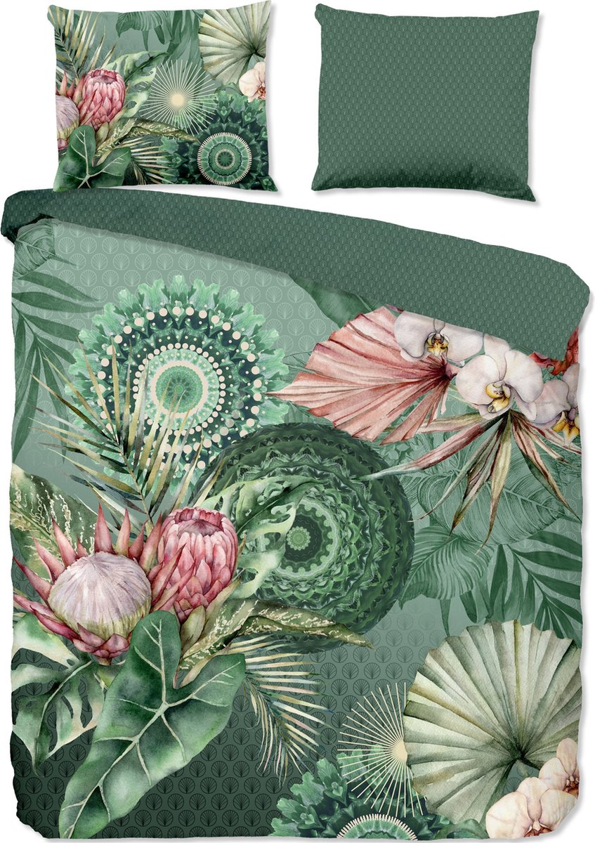 Luxe Flanellen Dekbedovertrek 240x220 cm - Mandala's en Bloemen Print - Groen/Roze - 2 Persoons
