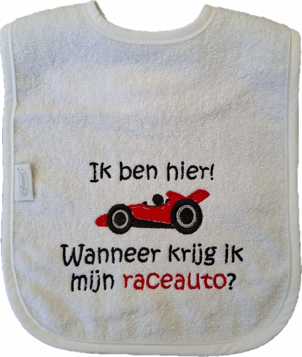 Goedkoopste Witte slab met Ik ben hier! Wanneer krijg ik mijn raceauto - lief, kraamcadeautje, cadeau, babyshower, formule 1, racen, auto