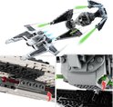 LEGO Star Wars TIE Interceptor en Mandalorian Fang Fighter met groene laserstralen. Close-ups tonen bouwdetails.