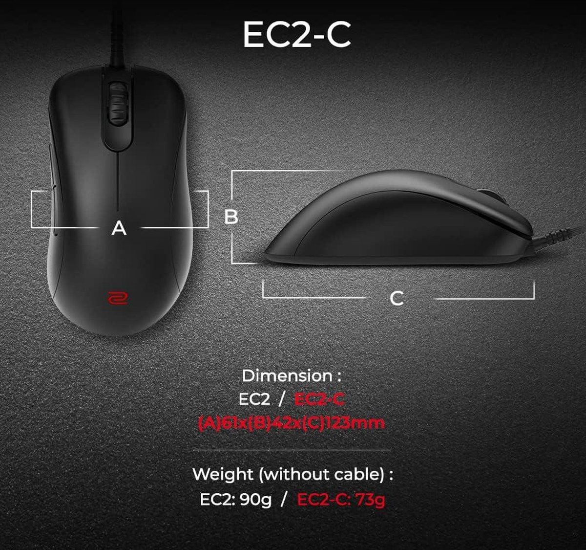 Ergonomische gaming-muis voor Esports - Paracord-kabel & muiswiel met 24 niveaus - matzwarte coating - medium uitvoering - Zowie EC2-C.