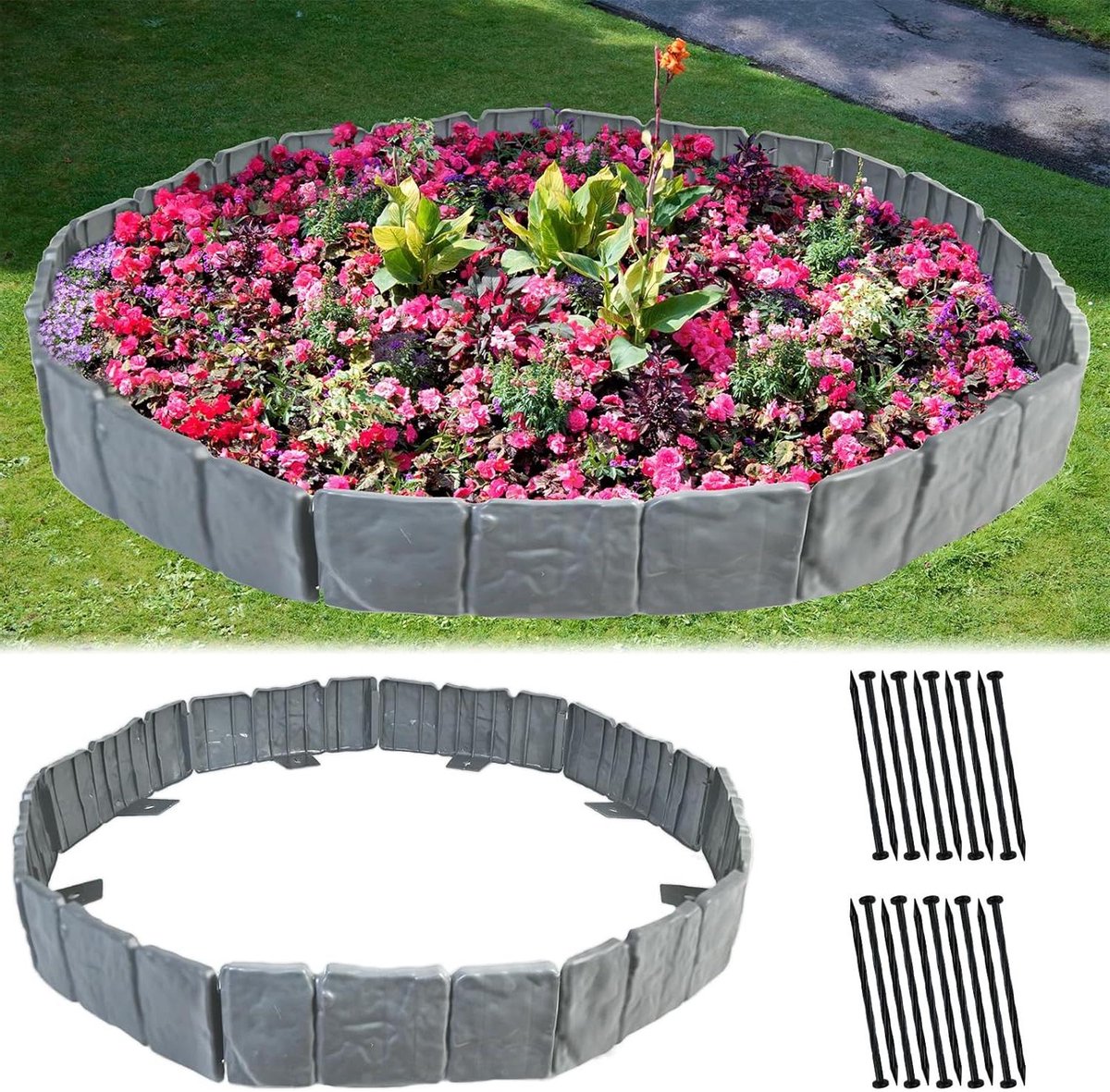 Flexibele gazonrand No-Dig - Landschap randrand - Imitatie steen - Buiten binnenplaats tuin - 30 stuks/75 m grijs