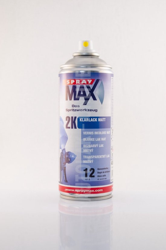 Aérosol SprayMax 2K vernis incolore mat avec capuchon rouge et instructions sur la boîte.