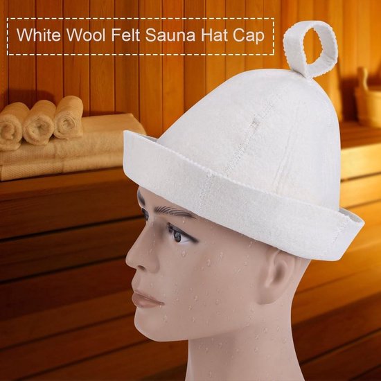 Witte vilten saunahoed op een mannequin, tekst 'White Wool Felt Sauna Hat Cap'.