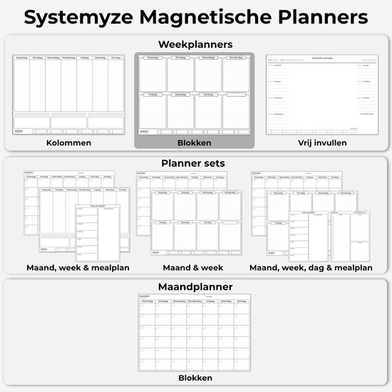 Overzicht van verschillende Systemyze magnetische planners: weekplanners, planner sets met maand-, week- en maaltijdplanners, en maandplanners.