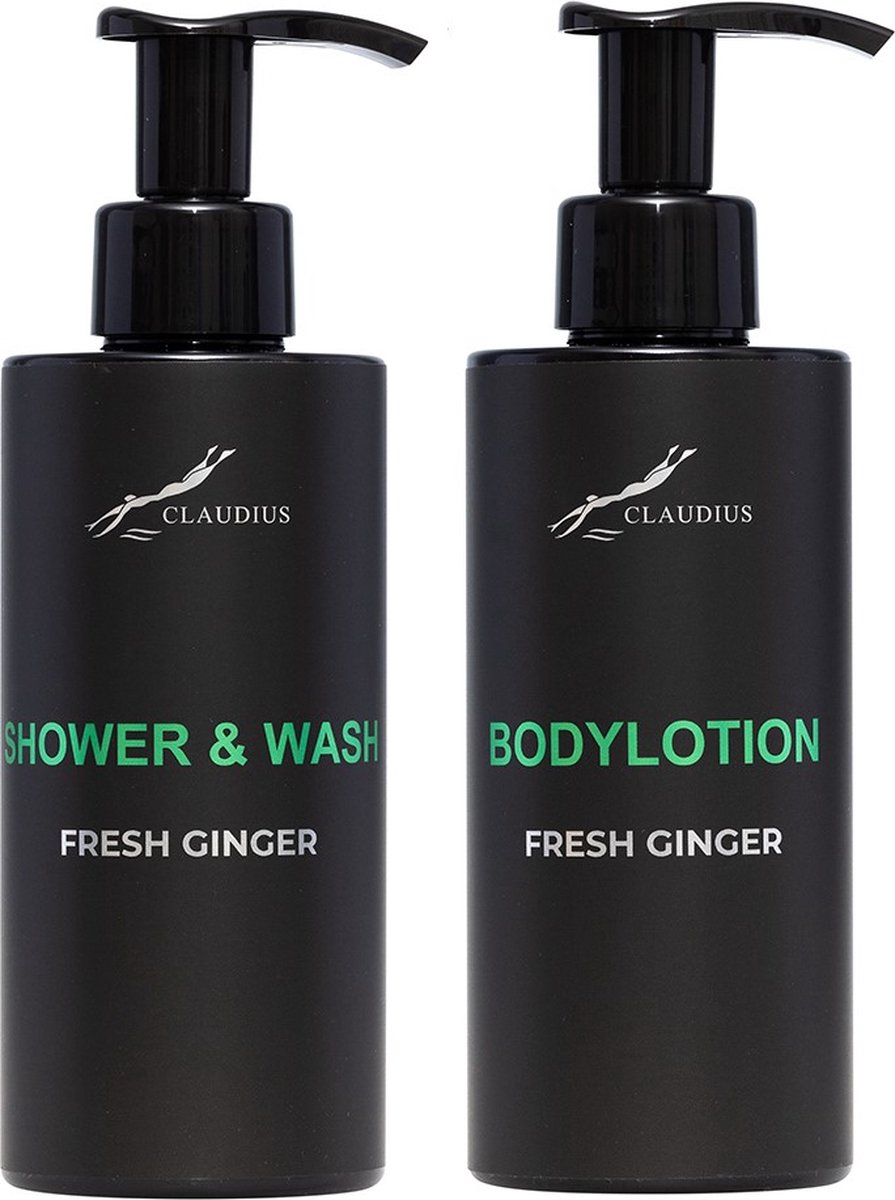 Goedkoopste Douchepakket Fresh Ginger - Shower & Wash Bodylotion - 300 ml per fles - Claudius Cosmetics - bodycare - luxe fles - set van 2 stuks - Cadeau