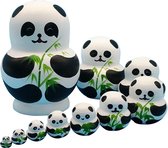 Set van 10 Grote Buik Houten Handgemaakte Panda Beer met Bamboe Matroesjka Russische Pop in een Doos, Strik voor Kinderen Speelgoed Nieuwjaar,Schattige dieren thema zwart en wit panda ei vorm houten handgemaakte matroesjka poppen set