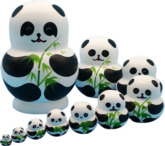 Set van 10 Grote Buik Houten Handgemaakte Panda Beer met Bamboe Matroesjka Russische Pop in een Doos， Strik voor Kinderen Speelgoed Nieuwjaar，Schattige dieren thema zwart en wit panda ei vorm houten handgemaakte matroesjka poppen set