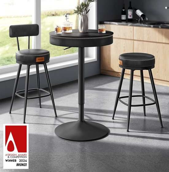 Table de bar Auckland réglable en hauteur - petite table avec espace de rangement - table de bar en PU avec coutures - bois noir et noir encre