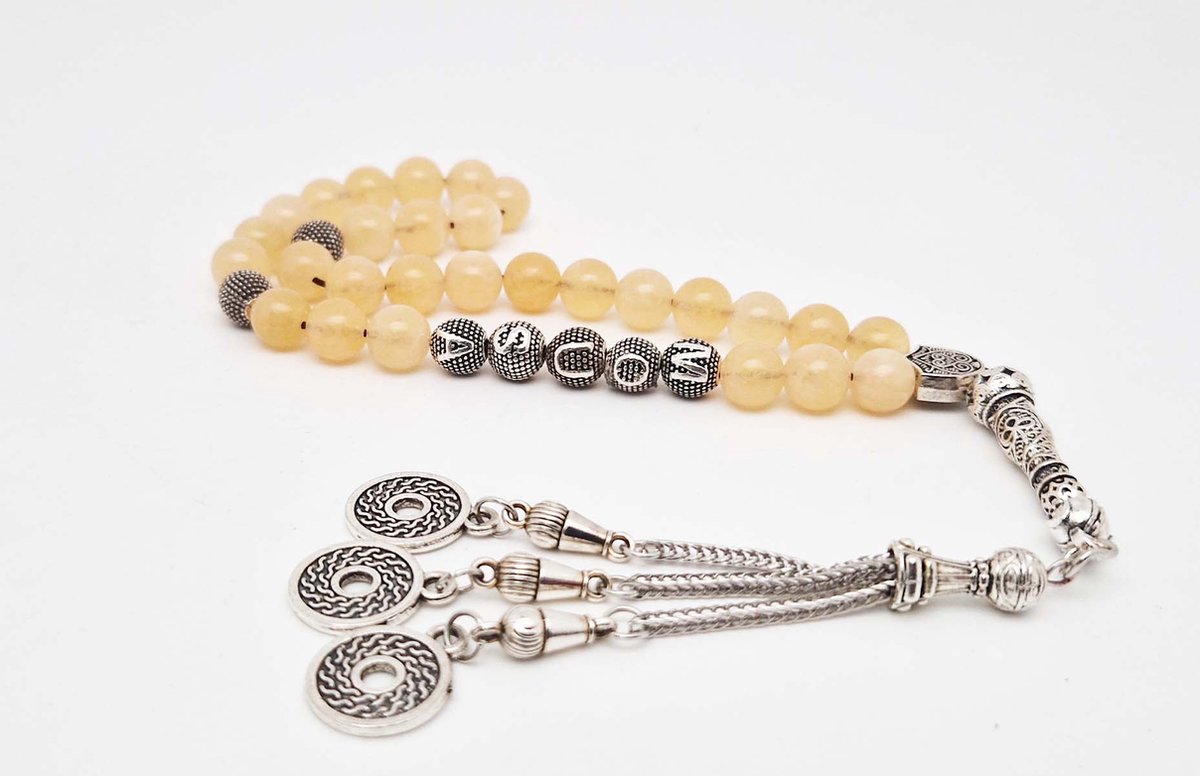 Handgemaakte naam tasbih 33 Kralen Natuursteen “ Calciet geel” - met metaal tassel “Omarmen"- Met je naam of de naam van uw geliefde- 8 mm diameter van de korrel