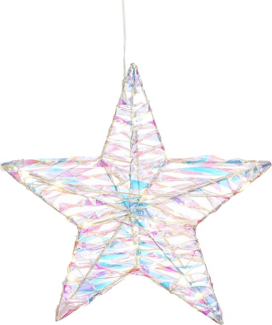 House of Seasons Hangende Decoratie Ster met LED Verlichting - L30 x B7 x H30 cm - Iriserend