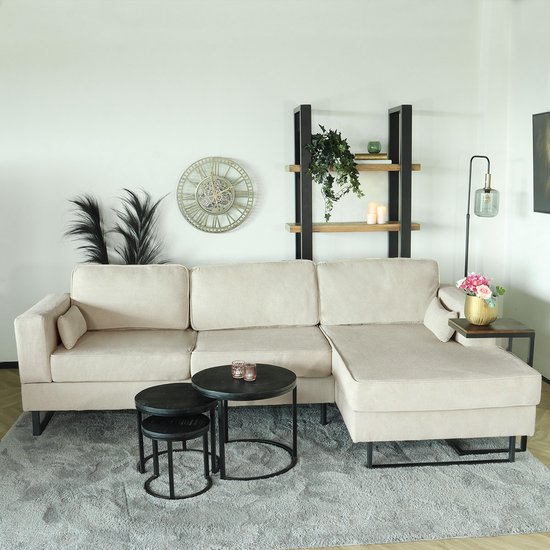 Canapé d'angle design Darsiono 280cm, canapé de salon en velours beige, canapé gauche et droit