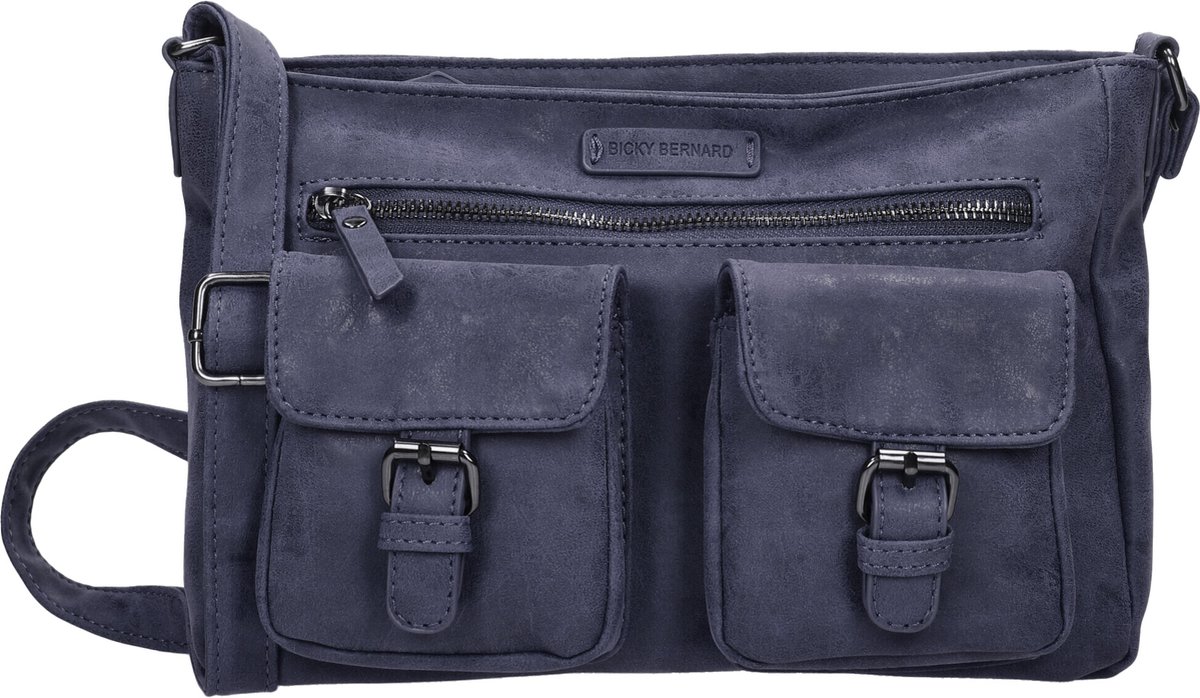 Dames Schoudertas Navy - Bicky Bernard - Stoere Crossbody Tas met Dubbele Ritssluiting & Magneetsluiting - Ruim Hoofdvak & Voorvakjes - Verstelbare Schouderband - Ideaal voor Reizen & Dagelijks Gebruik