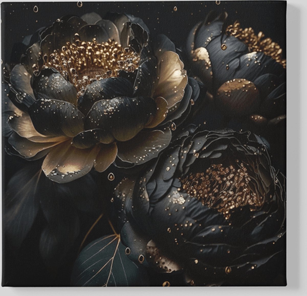 Trendex Global Vierkant Canvas Schilderij - Zwarte Bloemen - 60x60x2 cm