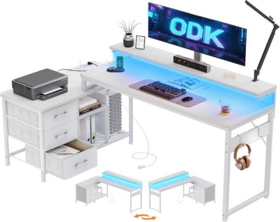 Multifunctioneel Bureau – Hoekbureau – Game Bureau – Jongens – Volledige Set – Stopcontacten – USB Poorten – Eenvoudige Montage – Wit