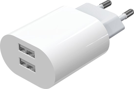 Witte USB-oplader met twee poorten, Europese stekker. Vanaf de zijkant bekeken.