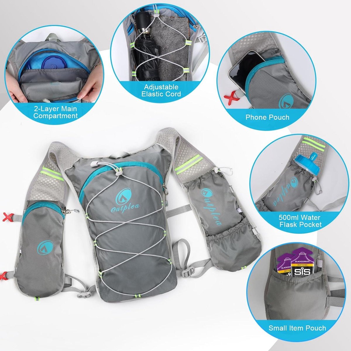 Gilet Running Hydratation LED Réfléchissant - Porte-bouteille 500ml, Smartphone | Trail, Randonnée