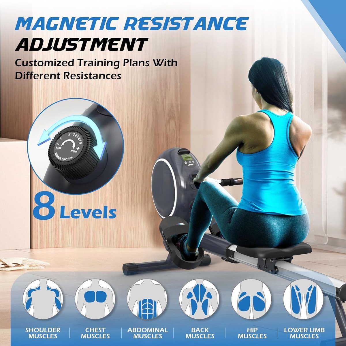 Afbeelding 2 van Equivera Roeimachine - Roei Apparaat - Roeimachine voor Thuis - Roeien - Fitness Machine
