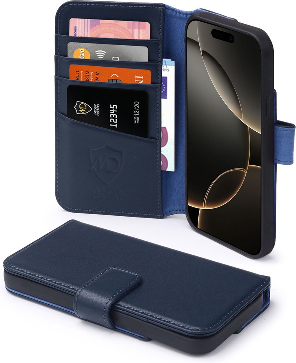 MobyDefend Hoesje - Geschikt voor iPhone 16 Pro - Luxe Leren Wallet Bookcase - Blauw