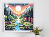 Pixel art landschap schilderij | Verfijnd en levendig: een kleurrijk landschap in pixel kunst | Kunst - 20x20 centimeter op Dibond | Foto op Dibond