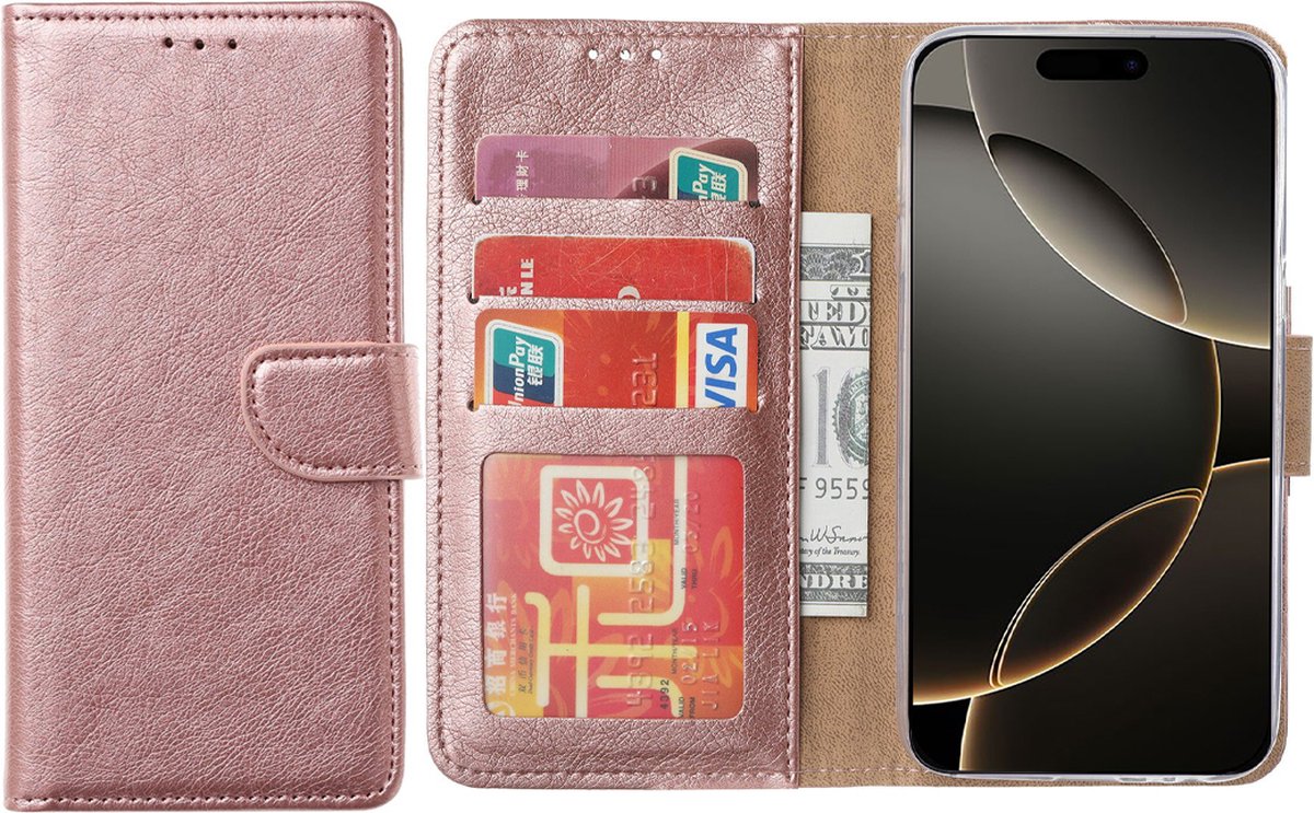 Hoesje Geschikt voor iPhone 16 Pro – Arara bookcase met pasjeshouder - Rosegoud