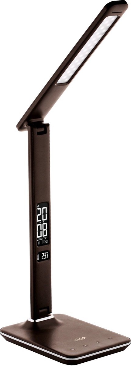 Avide LED Bureaulamp Nathan Dimbaar 6W - Met Kalender + Alarm + Klok + Thermometer Functie - 350 lumen - Bruin