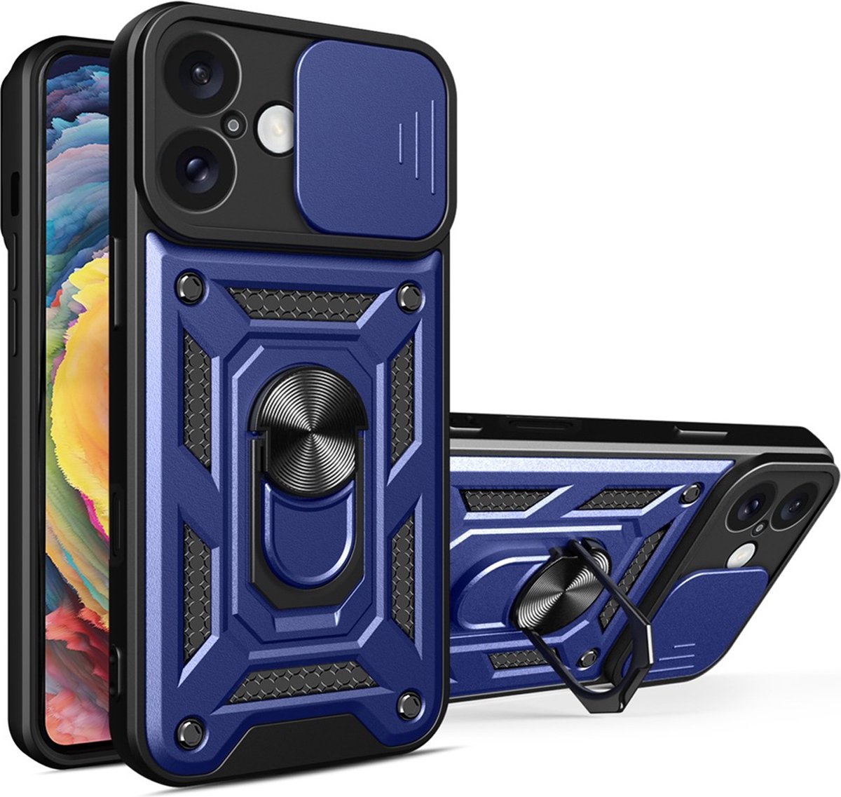 MobyDefend Hoesje - Geschikt voor iPhone 16 Plus - Pantsercase Met Draaibare Ring - Blauw