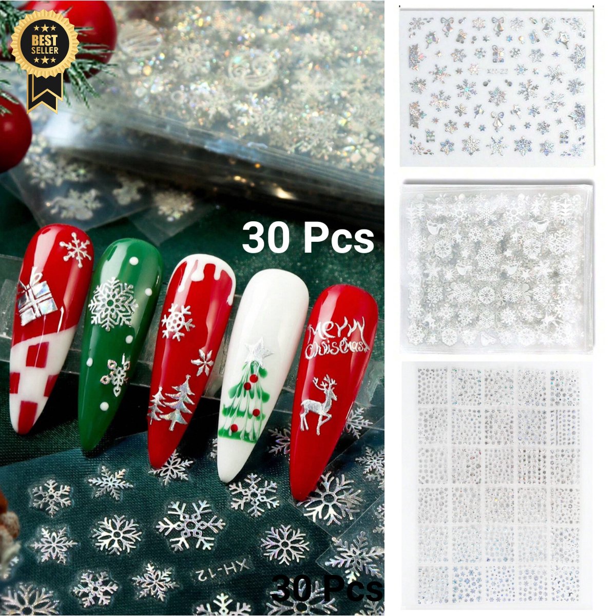 Goedkoopste GUAPÀ® Nail Art Nagelstickers | Nagel Stickers Kerst | Nail Art 3D Stickers | Nagelstickers Kinderen | Zelfklevende Nagelstickers Zilver | Nail Art Stempel | 30 velletjes Kerst Nagel stickers Zilver