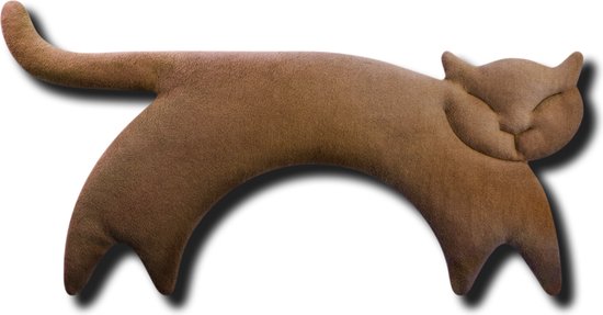 Een bruine, stoffen katvormige warmtekussen, zonder zichtbare gezichtsdetails.