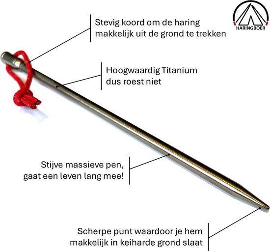 Haringboer® Tentharingen - 16,5 cm Rotsharingen - 8 stuks Grondpennen - Lichtgewicht 15 gram per stuk - Titanium (TC4) Haringen Tent - Middel tot Harde Ondergrond - Inclusief Trekkoord en Haringzak van Haringboer® — afbeelding 2