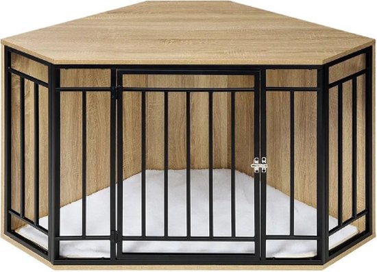 Nafaka - Hoek Hondenbench Hout - Hondenren Binnen - Hondenkennel en Hondenmand - Meubel Bench voor Hond - Bijzettafel Hoekmodel - 111x67x60 cm