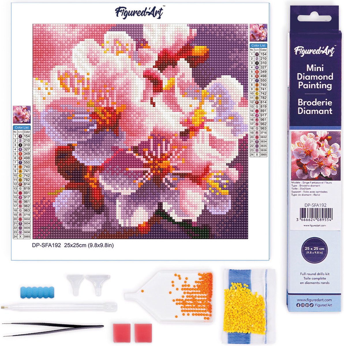 Figured'Art Mini Diamond Painting set Volwassenen 25x25 cm Kersenbloesem Bloei - 5D DIY Art full drill ronde diamant - Opgerold canvas