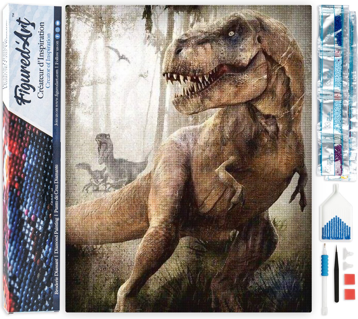 Figured'Art Diamond Painting set Volwassenen 40x50 cm Dinosaurussen Jurassic Park - 5D DIY Art full drill vierkante diamant - Opgerold canvas