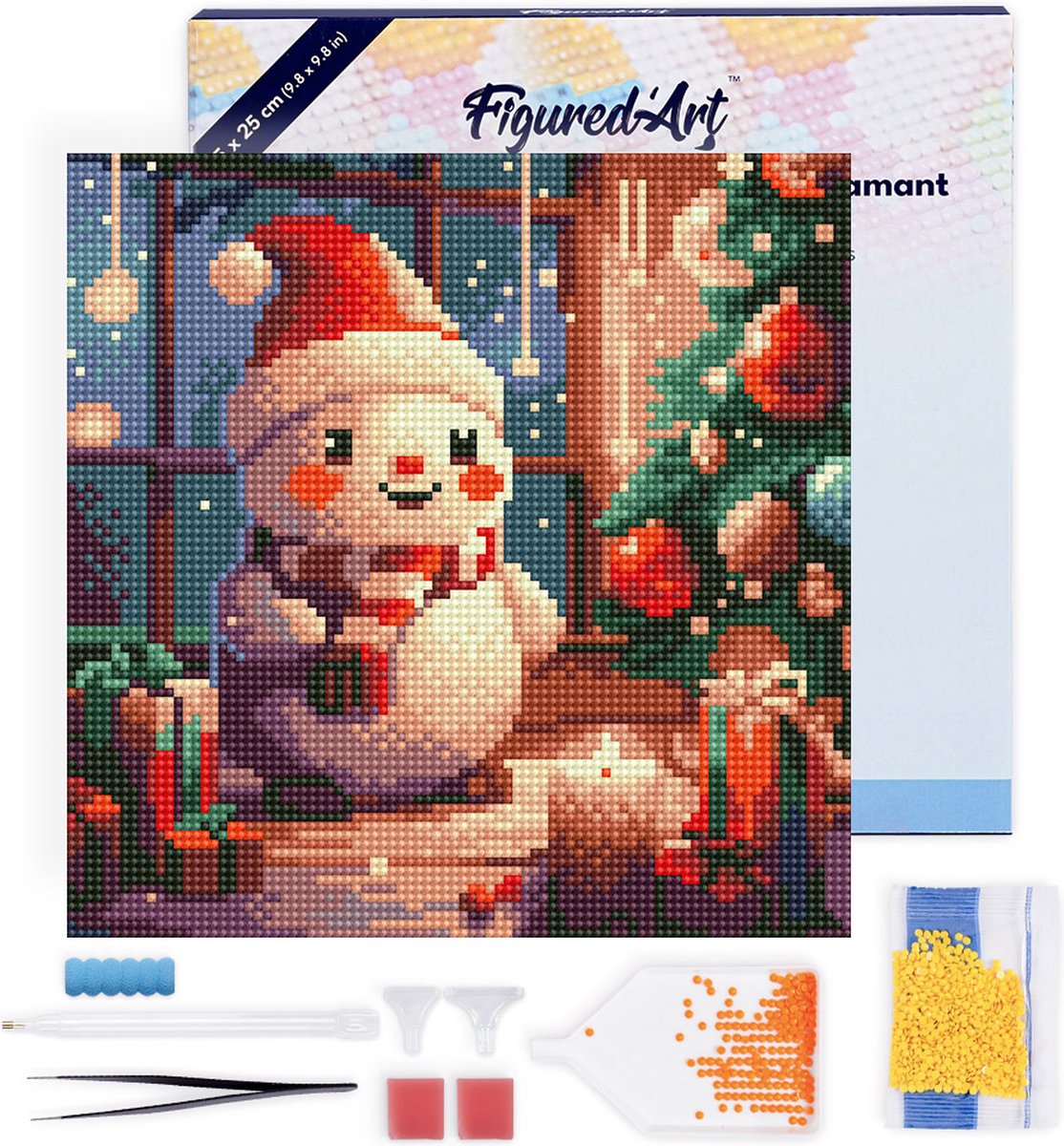 Figured'Art Mini Diamond Painting set Volwassenen 25x25 cm met lijst Blije Sneeuwpop in de Kamer - 5D DIY Art full drill ronde diamant - Canvas al ingelijst