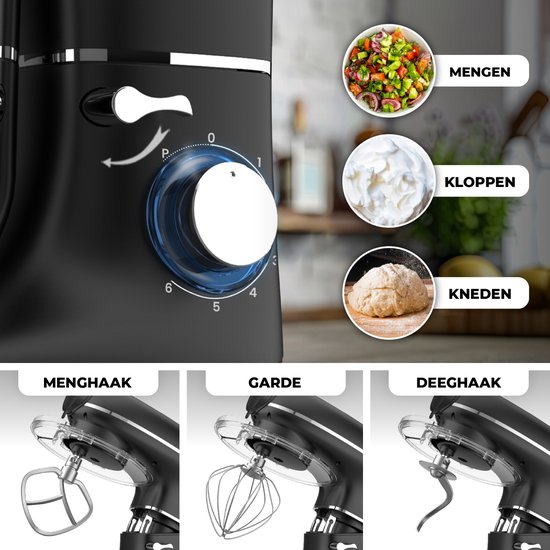 Fentic Keukenmachine - 2000W - Keukenrobot - Incl. Pastaroller en extra accessoires - 6,2L Mengkom - Foodprocessor - Pastamachine - Zwart