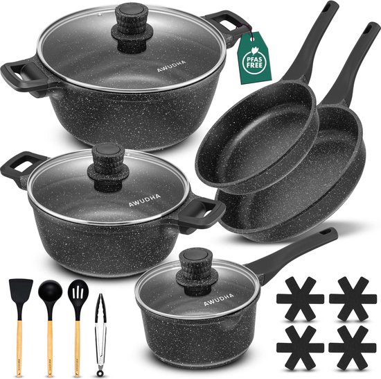 Awudha - Ensemble de poêles 16 pièces avec Couvercles - Set avec casseroles, Poêles à frire et Casseroles en inox - Ensemble de poêles à frire - Ensemble de marmites - Aluminium - Zwart