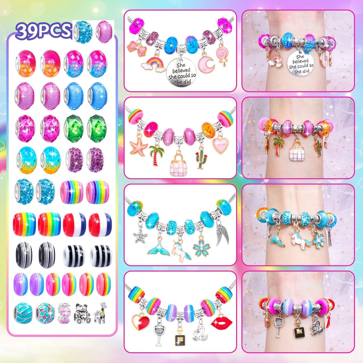 Sieradenset Meisje(128pcs) -DIY sieradendoos -Kettingen armbanden zelf maken - sieraden DIY knutselset voor kinderen - bedelarmbandkit doe-het-zelf kindersieraden, knutselen, kinderspeelgoed(5-12 jaar)-Roze — afbeelding 2