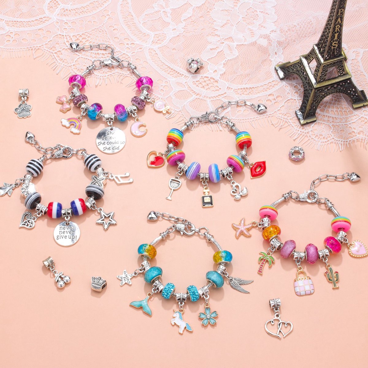 Sieradenset Meisje(128pcs) -DIY sieradendoos -Kettingen armbanden zelf maken - sieraden DIY knutselset voor kinderen - bedelarmbandkit doe-het-zelf kindersieraden, knutselen, kinderspeelgoed(5-12 jaar)-Roze — afbeelding 10