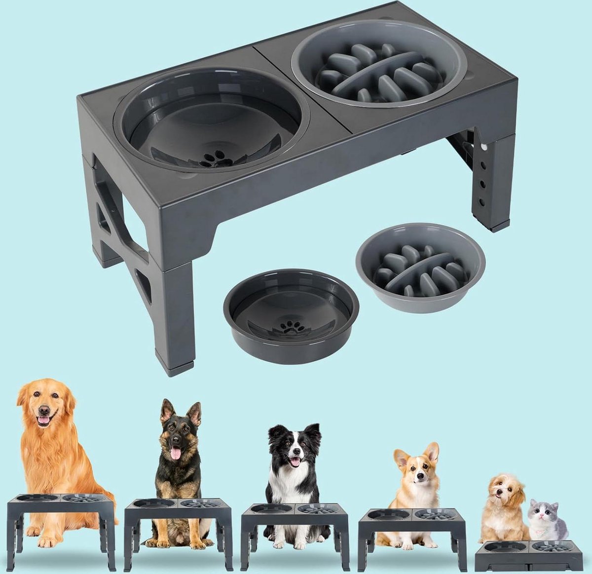 Leak-Proof Foldable Raised Dog Bowl Stand - 5 Height-adjustable Bowls with Water Bowl and Slow Feeder - Large Medium Small Dogs - Feeding Station