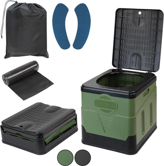 Opvouwbaar campingtoilet met deksel, draagbaar reistoilet voor volwassenen, incl. toiletzakken, stollingspoeder, opbergtas, campertoilet voor picknick, wandelen, vissen, kleur groen