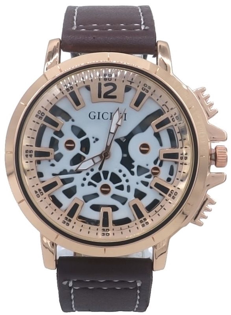 Horloge - accessoire - verstelbaar - gesp - goudkleurig - bruin - heren - polshorloge - hip - trendy - tijdloos - chique - feest - feestdagen - verjaardag - cadeau - geschenk - kunstleer
