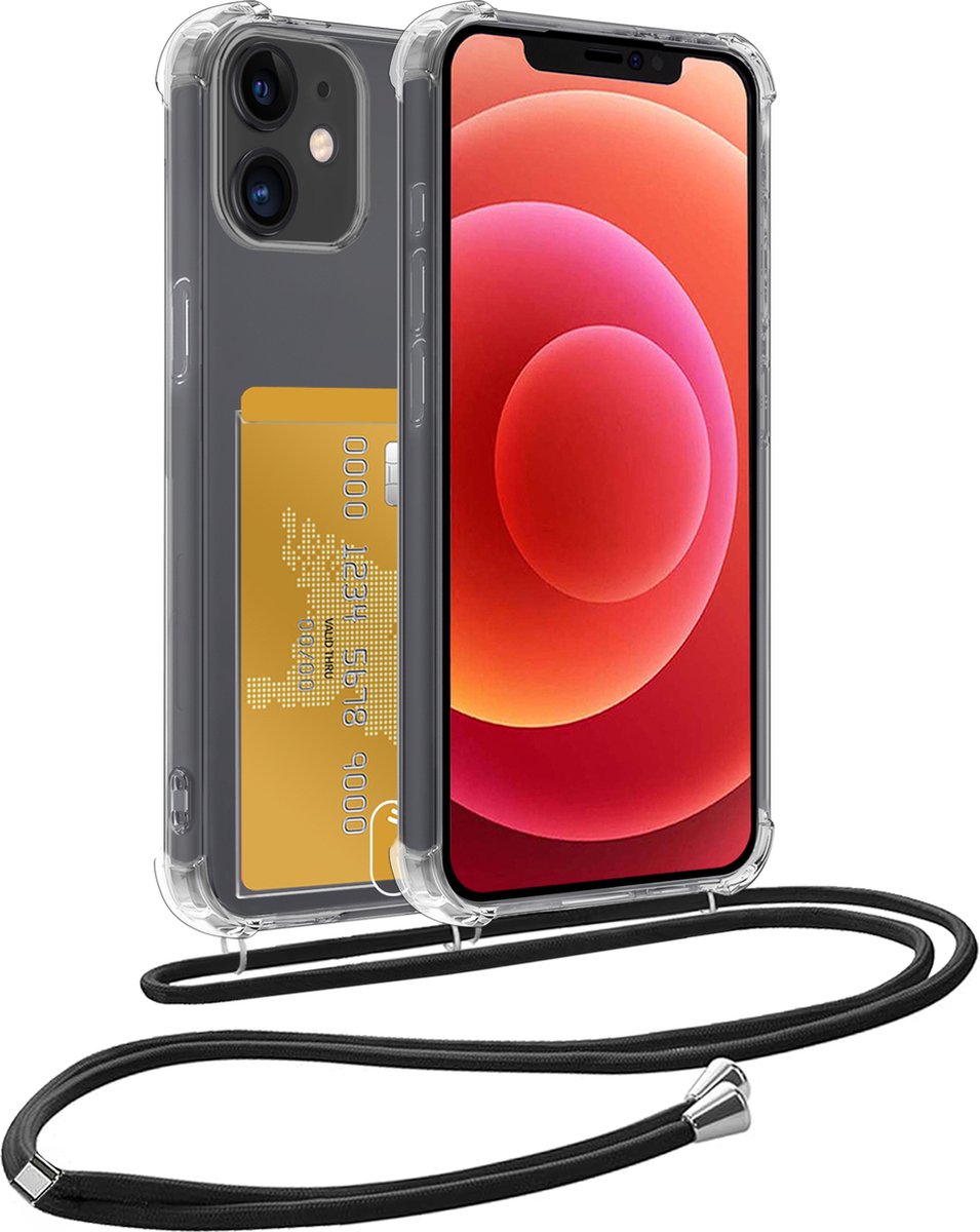 Hoes Geschikt voor iPhone 12 Mini Hoesje Pas Houder Shock Proof Case Hoes Met Koord - Hoesje Geschikt voor iPhone 12 Mini Hoes Met Telefoonkoord Pasjeshouder Cover - Transparant