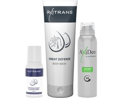 Axitrans lotion normal + Sweat Defense douchegel + Deo Sport 150ml - Anti Transpirant, anti zweet spray, hypoallergenic en parfumvrij, voor een fris en comfortabel gevoel de hele dag door, voordeelpakket 3 stuks