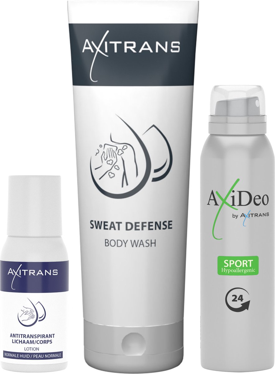 Axitrans lotion normal + Sweat Defense douchegel + Deo Sport 150ml - Anti Transpirant, anti zweet spray, hypoallergenic en parfumvrij, voor een fris en comfortabel gevoel de hele dag door, voordeelpakket 3 stuks